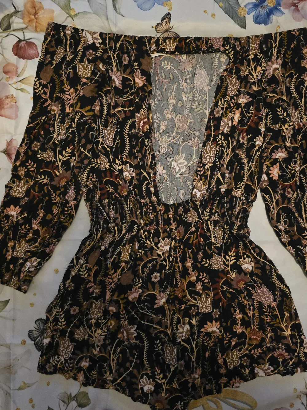 Free People Black Romper with Pink & Brown Floral Print